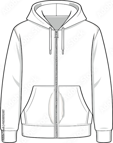 A minimalist depiction of a white zip-up hoodie, with emphasis on its functional and versatile design. The zipper runs down the center, adding a