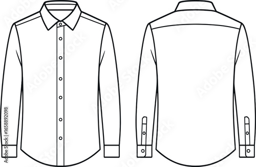 An outline drawing of a long-sleeve shirt featuring both front and back views. The design includes a button-up front and a classic collar, with cuffs