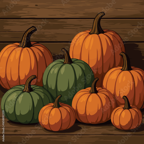 A collection of pumpkins in varying sizes and shapes sits against a rustic wooden backdrop. The pumpkins, in shades of deep orange and muted greens,