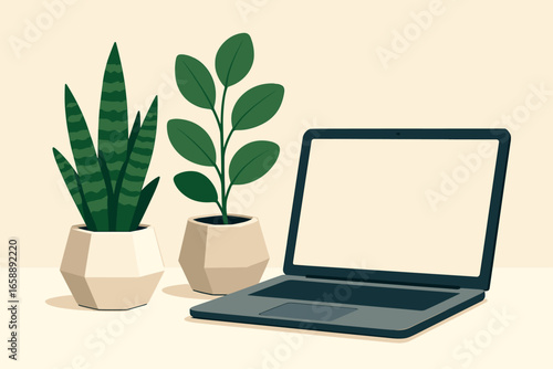 Potted plants in geometric containers add a touch of nature and tranquility to the study space. Positioned beside the laptop, their lush greenery