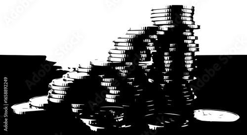 Highcontrast black and white graphic of unevenly stacked coins forming a rising staircase.