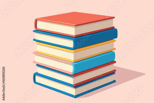 A neatly stacked pile of colorful books, each with distinct vibrant covers, arranged on a smooth surface. The books are aligned with precision,