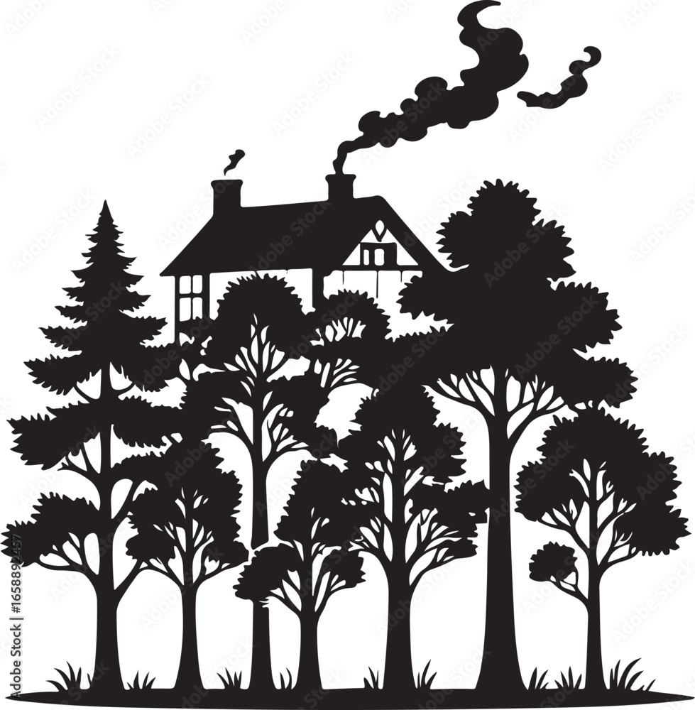 Fototapeta premium Black silhouette of a house with smoking chimneys surrounded by trees and grass home building