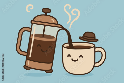 A whimsical scene of a smiling French press and a mug, both wearing tiny hats, set against a soothing pastel blue background. The French press is in