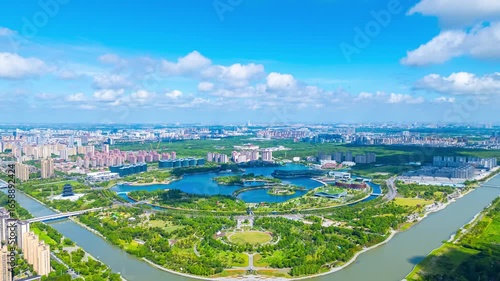 4K Time lapse Aerial view of the second largest artificial lake in Shanghai on sunny day.