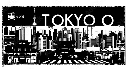 Monochrome graphic art of the Tokyo cityscape featuring the Skytree traditional architecture and a busy street scene.