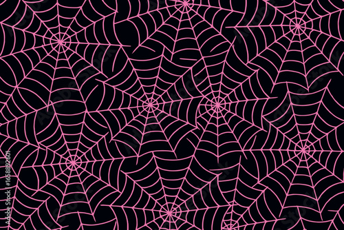 Interlocking spiderwebs form a mesmerizing pattern, with each web differing in size and complexity. The neon pink strands create a luminous effect