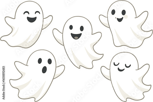 A group of friendly, floating ghosts with different playful expressions, appearing as if they're dancing in the air. Their simplistic white forms and
