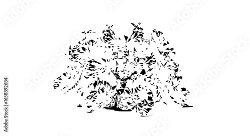 Monochrome vector graphic of a leafy bush rendered in a shattered abstract fragmented style.