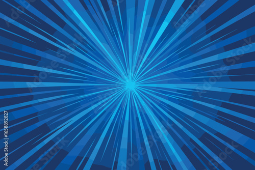 A radiant burst of blue lines converging at a central point creates a dynamic, energetic composition. The lines vary in thickness, adding depth and