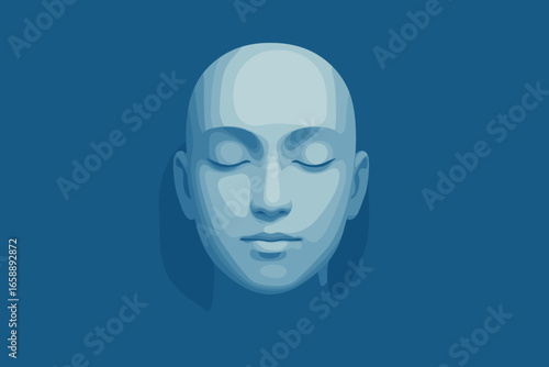 A serene face with closed eyes, floating in a vast blue space, representing tranquility and meditation. The face is rendered in a smooth, minimalist