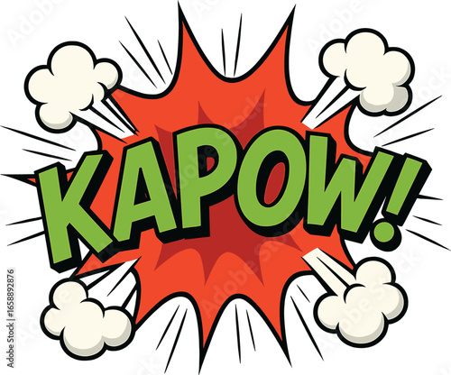 A vivid 'KAPOW' text bursts from the center with a bold red explosion backdrop. Green 3D letters create a striking contrast against the fiery