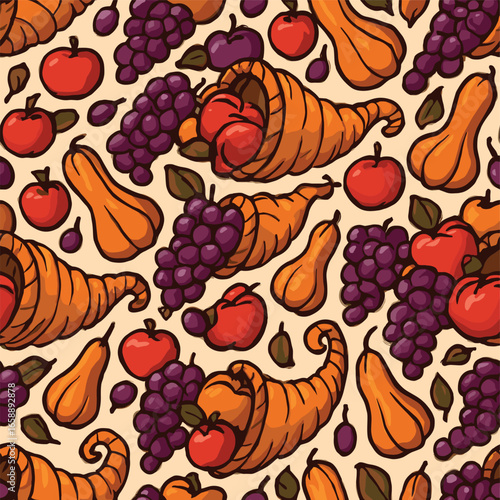Scattered across the canvas are stylized cornucopias filled with fruits and vegetables, forming a seamless pattern. The cornucopias spill out grapes,