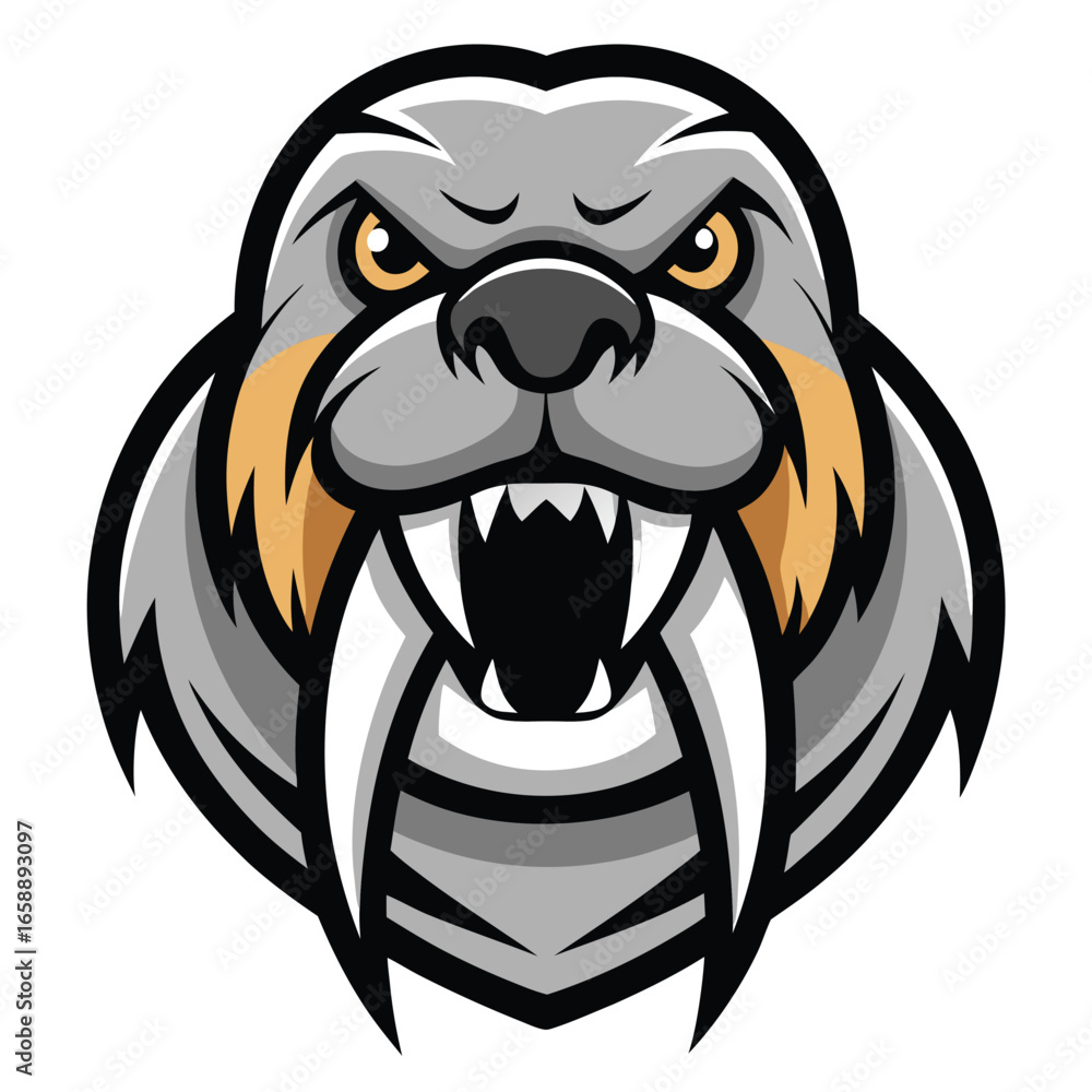 Obraz premium Furious walrus head mascot logo design featuring prominent tusks and vibrant colors
