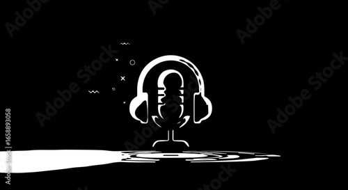 Stylized white icon of a vintage broadcast microphone wearing modern headphones with a ripple effect.
