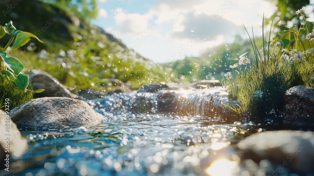 Fototapeta premium A picturesque river scene on a bright sunny day, where the sparkling water flows gently over stones, capturing the essence of nature's beauty and tranquility.