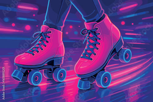 Neon roller skates gliding across a shiny, colorful floor, leaving trails of light. The scene captures the motion and excitement of a 90s roller disco
