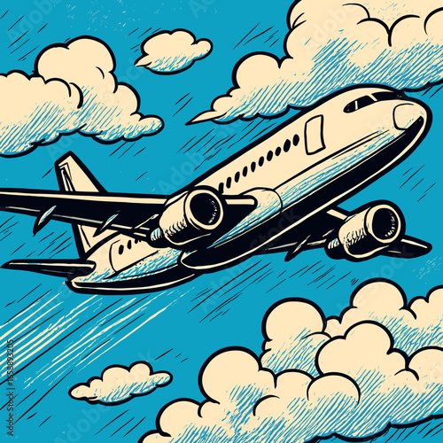 A comic-style airplane soaring through a bright blue sky, surrounded by fluffy white clouds. The airplane's sleek, bold design is accentuated by thick