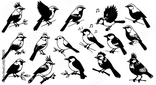 A collection of stylized black and white songbirds perched on branches singing and in flight.