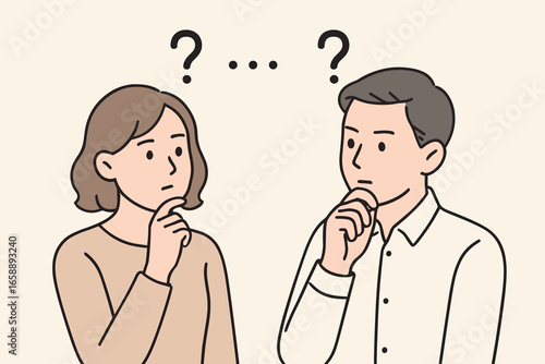 A pair of characters in a thoughtful exchange, each holding a gesture that suggests deep contemplation. Question marks and ellipses float above,