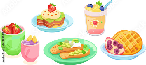 A collection of four pixel art bowls of food, each with a spoon and unique toppings.