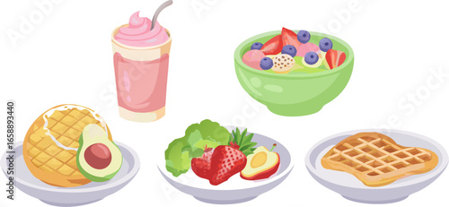 A vibrant illustration showcasing a variety of healthy breakfast foods and drinks, including a smoothie, fruit salad, avocado toast, and waffles.