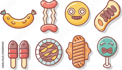 A collection of fun and colorful cartoon-style food illustrations, including sausages, hot dogs, popsicles, and a lollipop character.