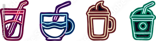 A collection of four stylized neon drink icons, each featuring a different beverage in a glass or cup with a straw.