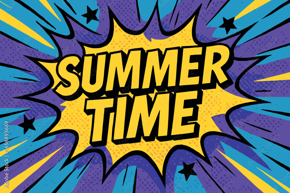 Fototapeta premium A comic book-style explosion with the text 'SUMMER TIME' in bold yellow letters outlined in black. The background bursts with purple and blue