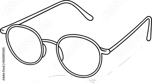 A pair of reading glasses drawn with elegant, unbroken lines, resting open on a surface. The minimalist style underscores themes of intellect and