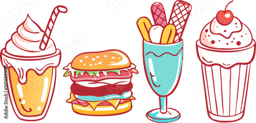 A colorful cartoon illustration of a tall hamburger, a milkshake with a striped straw, a dessert cup with ice cream and a cherry, and a glass filled with ice cream and waffle cones.