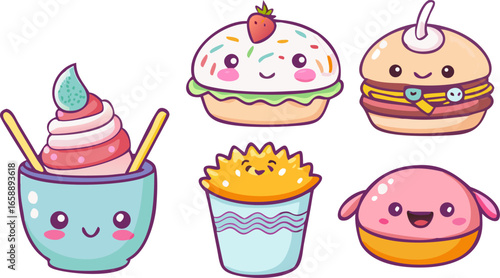 A pixel art collection of six distinct food items, including a sushi roll, carrot, pizza slice, ice cream cone, burger, and a gift-wrapped item.