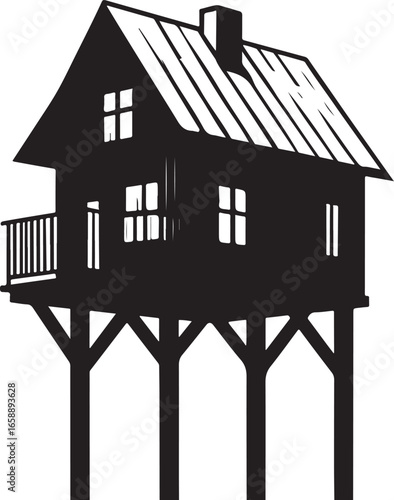 Black silhouette of a stilt house with a chimney and balcony building black and white