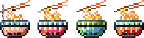 Four pixel art bowls of steaming ramen noodles with chopsticks, each bowl a different vibrant color.