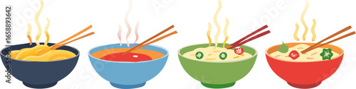 Four bowls of steaming hot noodles with chopsticks, each with different ingredients and broth colors.