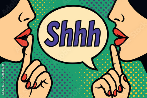 Two faces in profile with bold red lips, whispering towards a central speech bubble that says 'Shhh' in vibrant purple. The background is a lively