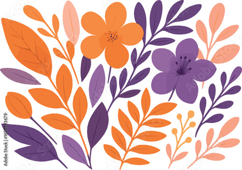 A detailed depiction of botanical elements, showcasing an assortment of leaves and flowers in a free-form layout. The elements overlap and intertwine,