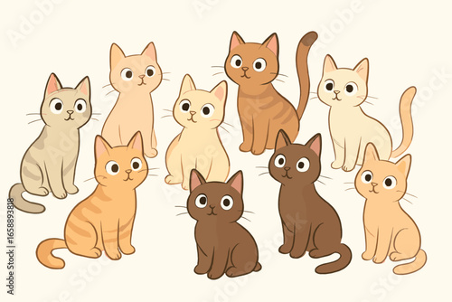 An ensemble of cartoon cats sitting and standing in various poses, their eyes wide with curiosity. The cats, illustrated in soft pastels and warm hues