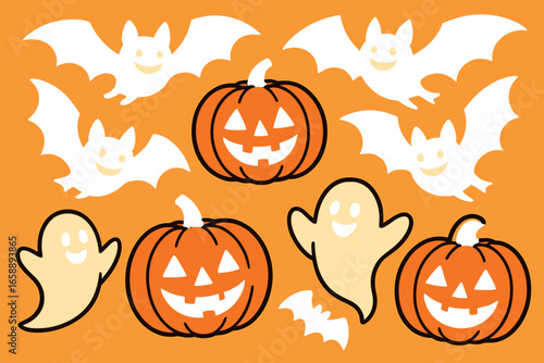 Bouncing bats with wide, friendly smiles flutter around the pumpkins and ghosts. Their wings are playfully spread, adding a sense of movement and