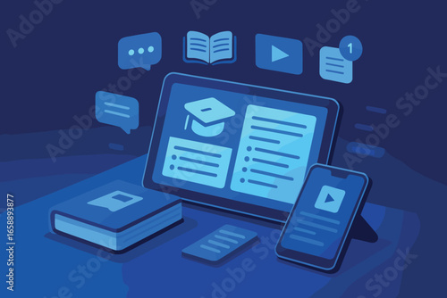 An array of digital devices, including a tablet and smartphone, display educational content. The devices are arranged on a virtual desk, with abstract