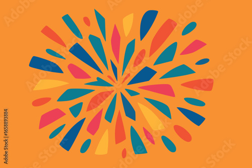 A collection of vibrant shapes seems to emanate from a central point, scattering across an orange field. The interaction between the shapes and the