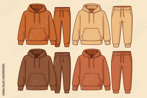 A collection of casual hoodies presented with the jogger pants, showcasing functional pockets and drawstring hoods. The arrangement highlights the