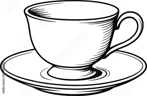 A classic teacup with a delicate saucer, crafted in the same minimalist black and white style. The cup's curves and the saucer's gentle lip create a