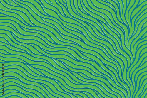 A vibrant green pattern filled with flowing, organic lines that weave across the canvas, creating an intricate tapestry. The lines are slightly raised