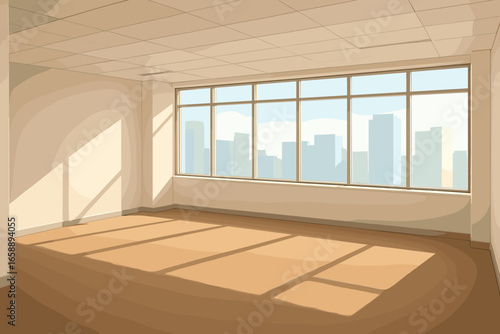 A modern, empty office room with large floor-to-ceiling windows letting in abundant natural light. The spacious layout features an open floor plan