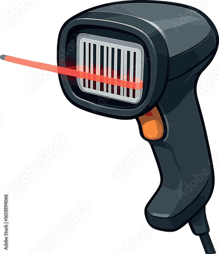 A barcode scanner illustration with a sleek, modern design, featuring a red scanning line across a digital display. The focus is on technology and