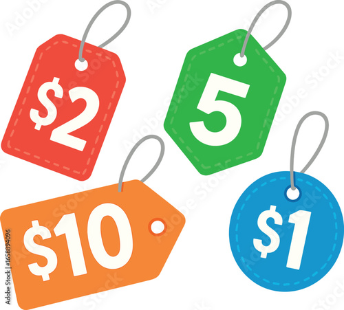 A set of vibrant price tags in different shapes and colors, each with a string loop. The tags are arranged in a playful cascade, featuring bold,