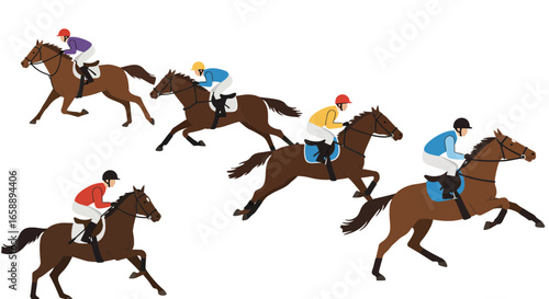Dynamic horse race with jockeys showcasing speed, competition, and equestrian sport excitement