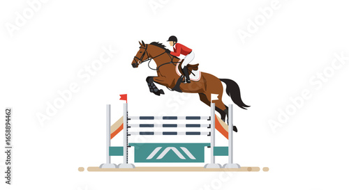 Equestrian athlete and horse gracefully leap over a competition jump, showcasing skill and athleticism in sport