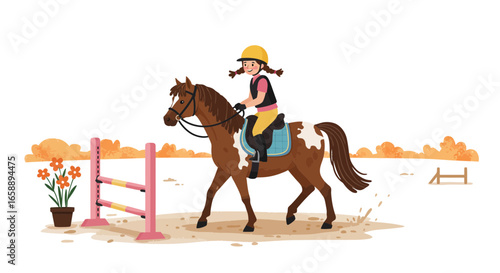 Joyful young girl confidently rides her horse through an equestrian course with colorful jumps and autumn foliage.